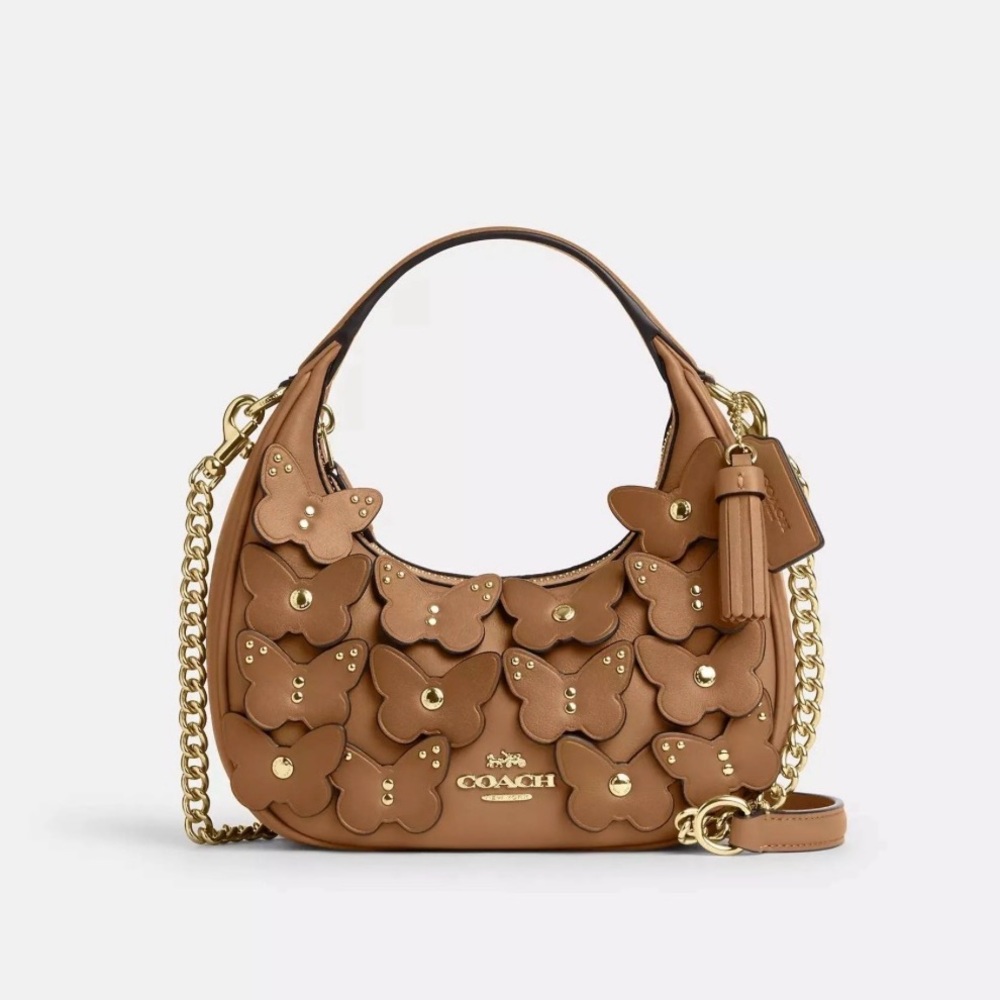 NWT Coach Carmen Honey Brown Mini Crossbody Bag with Butterfly Appliqué RARE